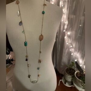 Long Gold Chain Necklace with Multicolor Stone Beads